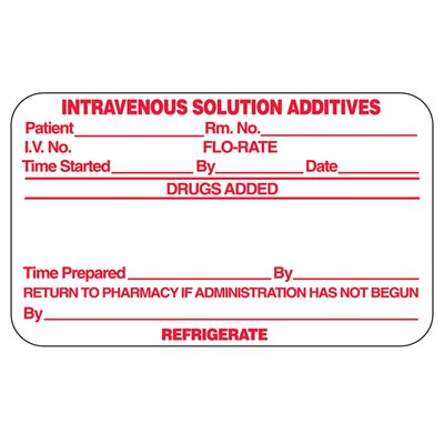 Intravenous Solution Additives Labels, 2½" x 1½"