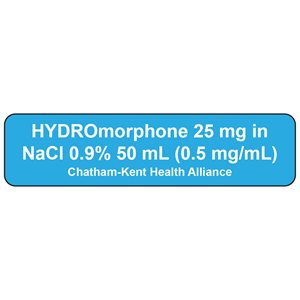 Label "HYDROmorphone 25 mg in NaCl..." White Ink / Sky Blue