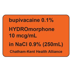 Label "bupivacaine 0.1% HYDROmorphone..." Black Ink / Orange