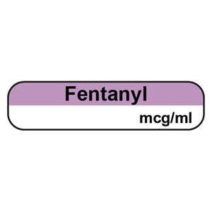 Label "Fentanyl mcg / ml" Top: Black Ink / Light Purple, Bottom: Black Ink / White