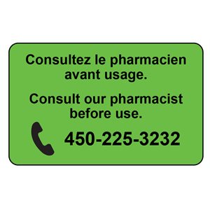 Label: “Consultez le pharmacien avant usage...
